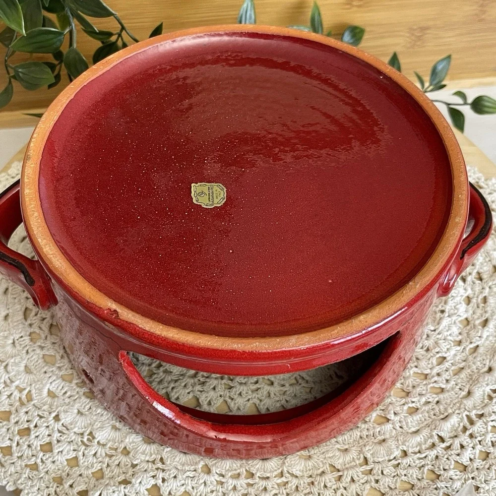 Mamma Ro Italy Terracotta Fondue Pot warmer Base Red Glazed Pottery Rechaud 9